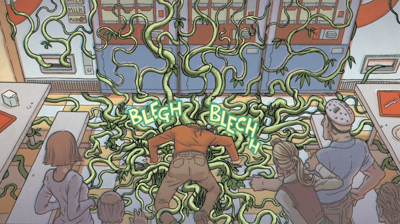 Cave Carson violently throwing up his lunch and Swamp Thing.
